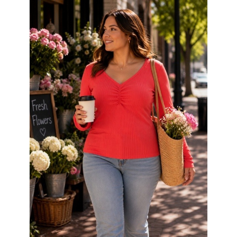 Old Navy Women Coral Red Ribbed Cinched V-Neck Long Sleeve Top Size S NWT